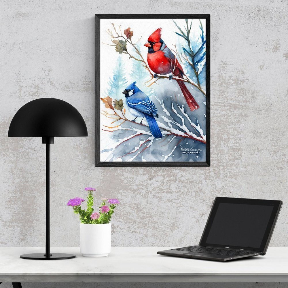 16x20 Blue Jay Red Cardinal Snow Bird Watercolor Illustration Painting Poster